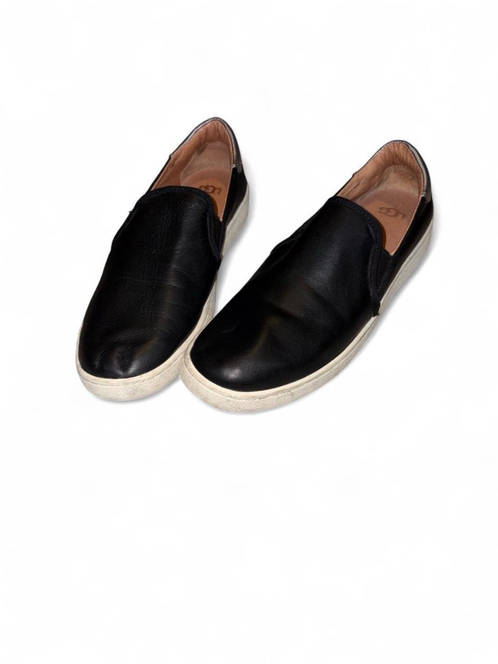 UGG Women's Black Leather Slip-On Loafers with White Sole